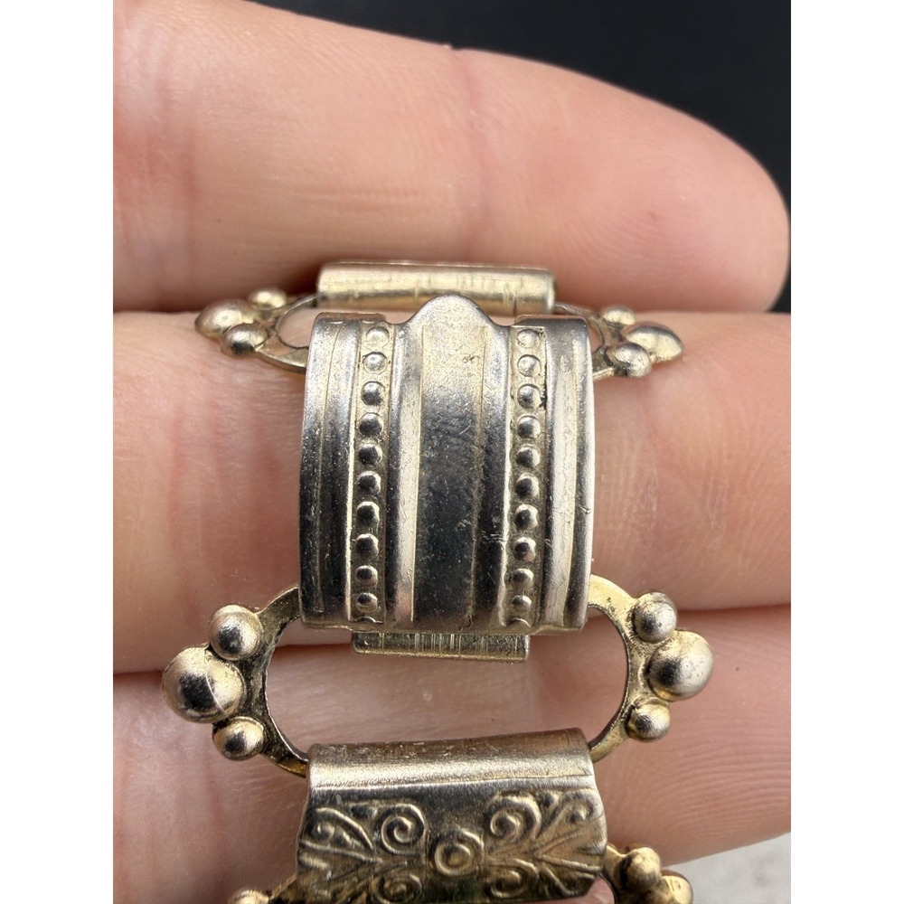 Vintage Victorian Revival Bracelet Green Stones Panel Gold Tone READ - Picture 6 of 12
